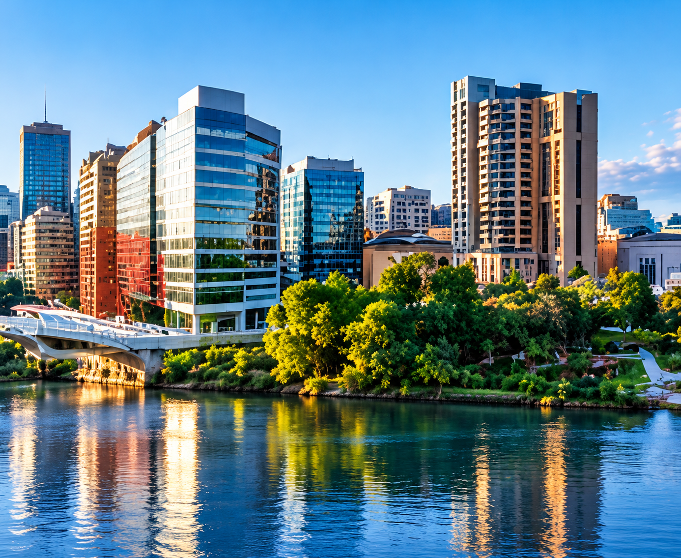 Riverfront city skyline reflections
